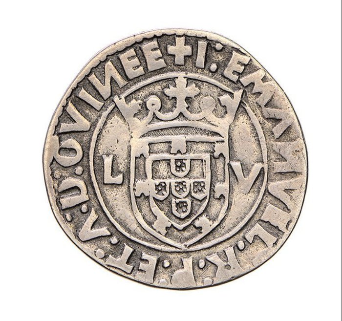 Portugal. D. Manuel I (1495-1521). Tostão (100 Reais) - L V - Lisboa - GVIИEE/VIIИCEES - R/3 Pontos sobre Cruz - Rara