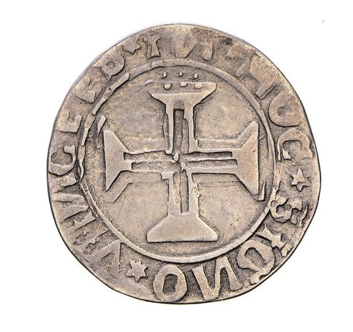 Portugal. D. Manuel I (1495-1521). Tostão (100 Reais) - L V - Lisboa - GVIИEE/VIIИCEES - R/3 Pontos sobre Cruz - Rara