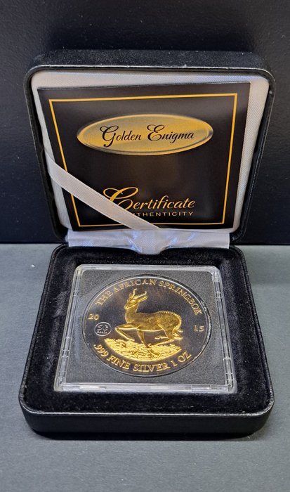 Gabon. 1000 Francs CFA 2015 Zilver "Springbok"  - 1 Oz. - Black Ruthenium and 24 kt gold - Golden Enigma Edition  (Ingen mindstepris)