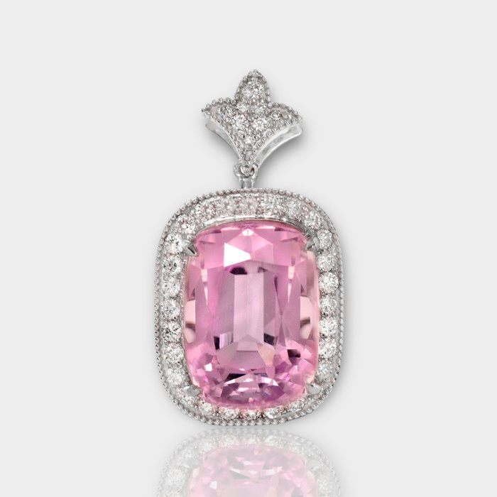 Ingen mindstepris - Vedhæng - 14 karat Hvidguld -  13.40ct. tw. Kunzit - Diamant - IGI 12,79 ct Pink