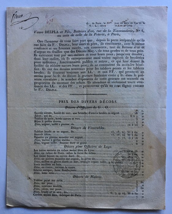 Delpla - Veuve Delpla et Fils, Batteurs d'or (Paris) - Liste de prix des ustensiles franc maçonniques - 1812