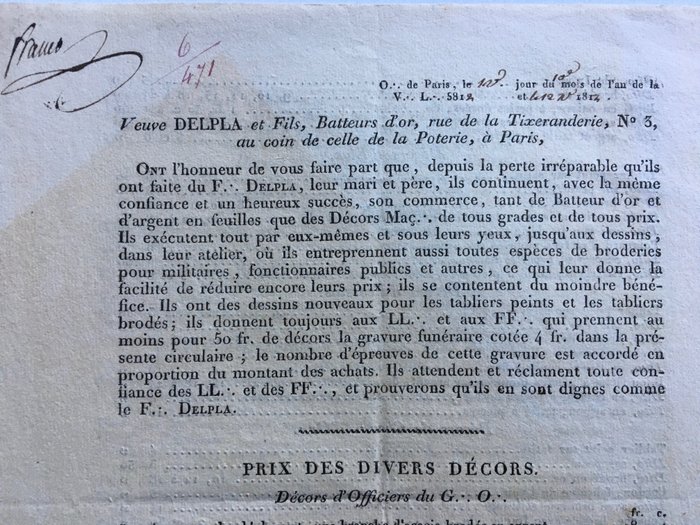 Delpla - Veuve Delpla et Fils, Batteurs d'or (Paris) - Liste de prix des ustensiles franc maçonniques - 1812