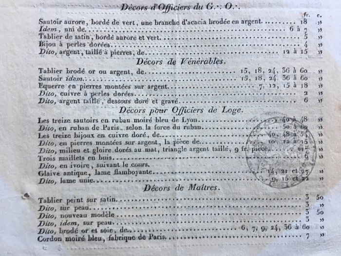 Delpla - Veuve Delpla et Fils, Batteurs d'or (Paris) - Liste de prix des ustensiles franc maçonniques - 1812