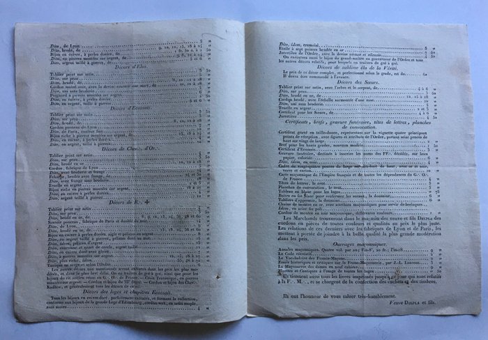 Delpla - Veuve Delpla et Fils, Batteurs d'or (Paris) - Liste de prix des ustensiles franc maçonniques - 1812