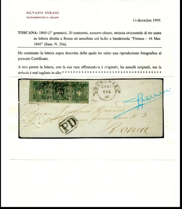 Antikke Italienske Stater - Toscana 1860 - 1860 stribe af tre kopier af 20 cents provisorisk regering rettet til Rom