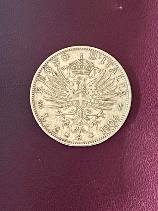 Italien, Kongeriget Italien. Vittorio Emanuele III di Savoia (1900-1946). 2 Lire 1906 "Aquila Sabauda"  (Ingen mindstepris)