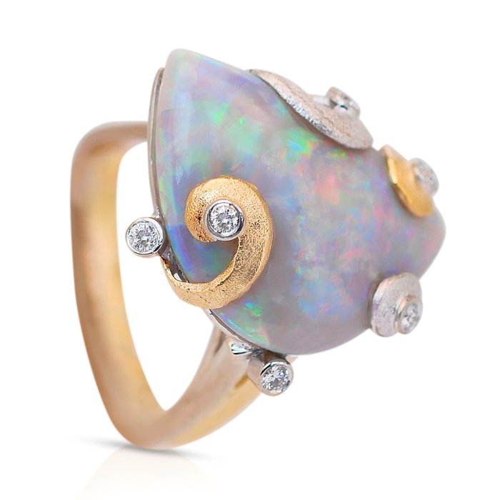 Ring - 18 kraat Gulguld -  11.21ct. tw. Opal - Diamant