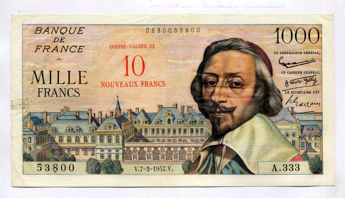 Frankrig. - 10 Nouveaux Francs sur 1000 Francs - 07/03/1957 - Richelieu - Fayette 53-01  (Ingen mindstepris)