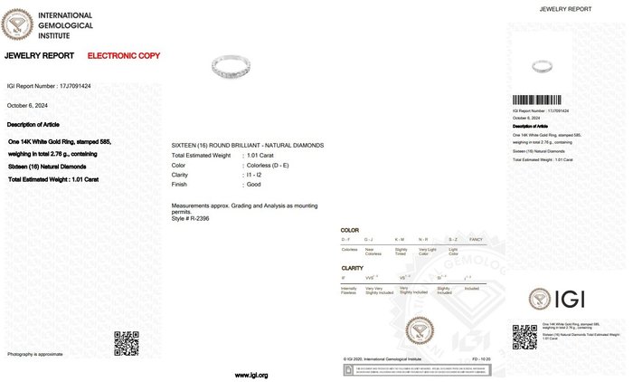 Ingen mindstepris - Ring - 14 karat Hvidguld -  1.01ct. tw. Diamant (Natur)