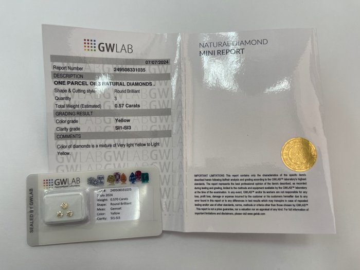 Ingen mindstepris - 3 pcs Diamant  (Natur)  - 057 ct - Rund - SI1 SI2 SI3 - Gemewizard Gemological Laboratory (GWLab) - gul