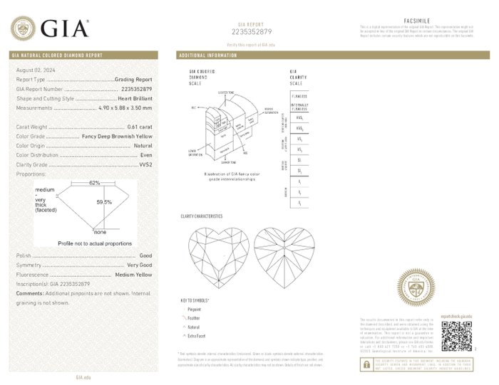 1 pcs Diamant  (Naturfarvet)  - 0.61 ct - Fancy deep Brunlig Gul - VVS2 - Gemological Institute of America (GIA)