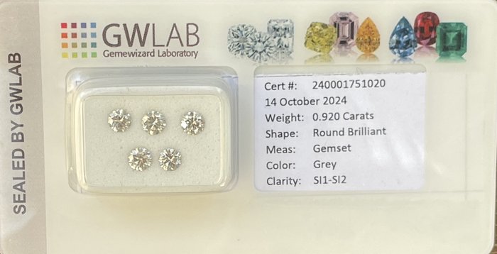 Ingen mindstepris - 5 pcs Diamant  (Natur)  - 0.92 ct - Rund - SI1, SI2 - Gemewizard Gemological Laboratory (GWLab) - Grå