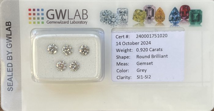 Ingen mindstepris - 5 pcs Diamant  (Natur)  - 0.92 ct - Rund - SI1, SI2 - Gemewizard Gemological Laboratory (GWLab) - Grå