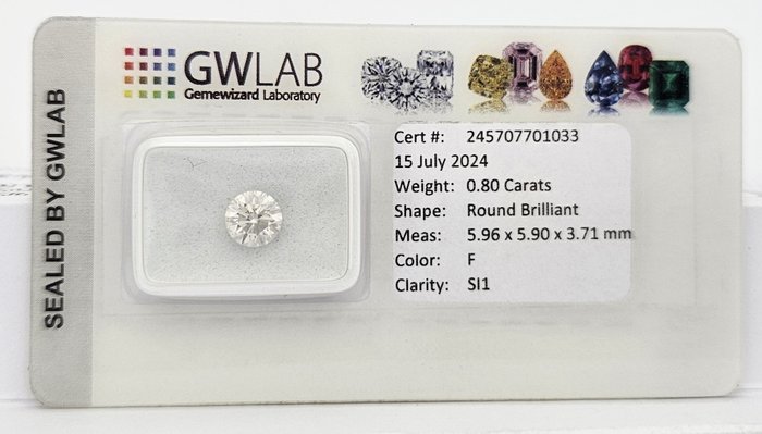 1 pcs Diamant  (Natur)  - 0.80 ct - Rund - F - SI1 - Gemewizard Gemological Laboratory (GWLab) - 3 x EX