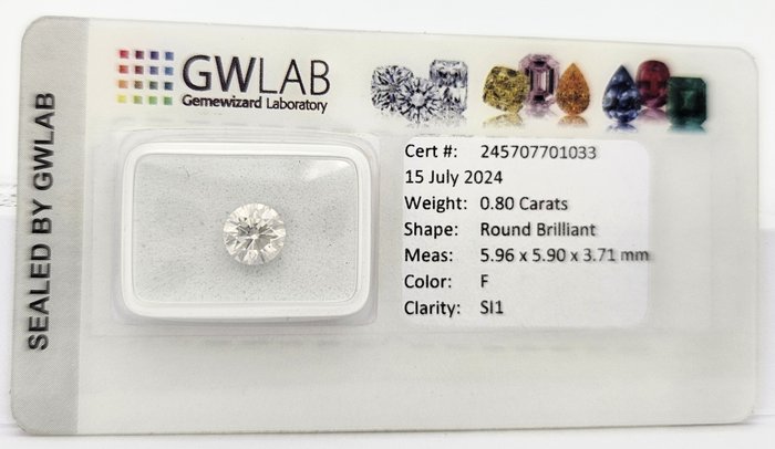 1 pcs Diamant  (Natur)  - 0.80 ct - Rund - F - SI1 - Gemewizard Gemological Laboratory (GWLab) - 3 x EX