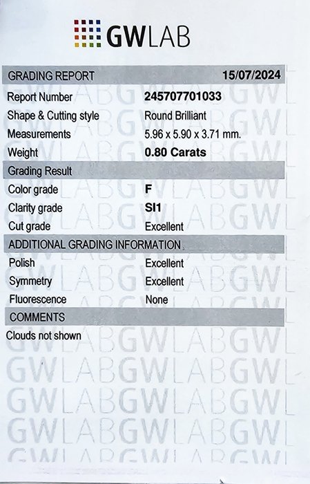 1 pcs Diamant  (Natur)  - 0.80 ct - Rund - F - SI1 - Gemewizard Gemological Laboratory (GWLab) - 3 x EX