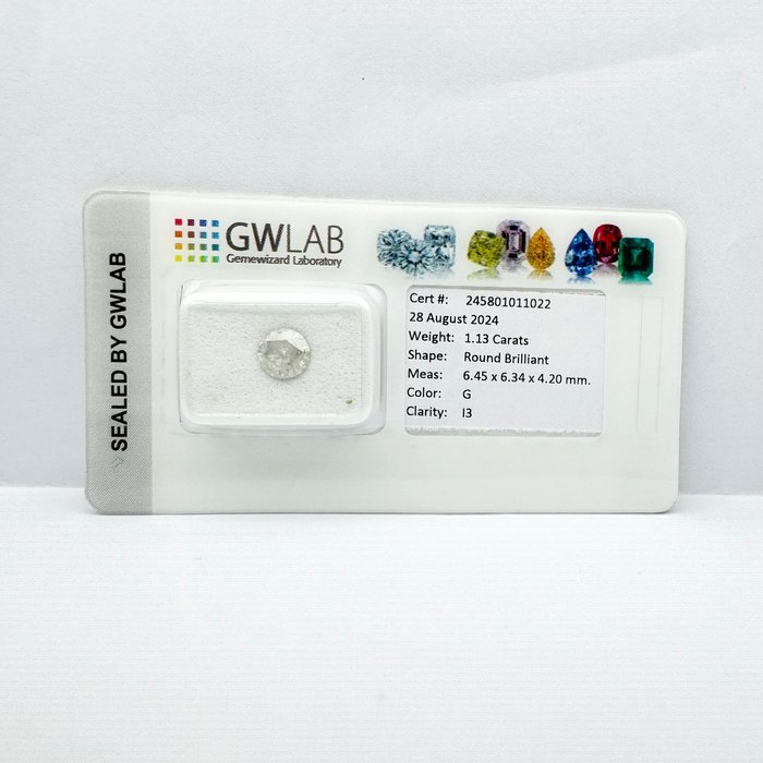 Ingen mindstepris - 1 pcs Diamant  (Natur)  - 1.13 ct - Rund - G - I3 - Gemewizard Gemological Laboratory (GWLab)