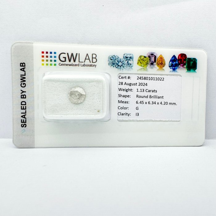 Ingen mindstepris - 1 pcs Diamant  (Natur)  - 1.13 ct - Rund - G - I3 - Gemewizard Gemological Laboratory (GWLab)