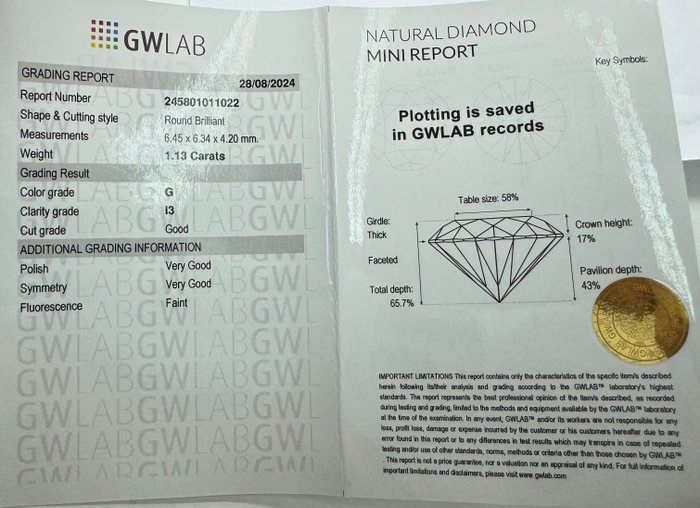 Ingen mindstepris - 1 pcs Diamant  (Natur)  - 1.13 ct - Rund - G - I3 - Gemewizard Gemological Laboratory (GWLab)