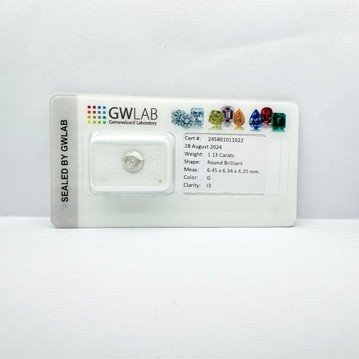 Ingen mindstepris - 1 pcs Diamant  (Natur)  - 1.13 ct - Rund - G - I3 - Gemewizard Gemological Laboratory (GWLab)