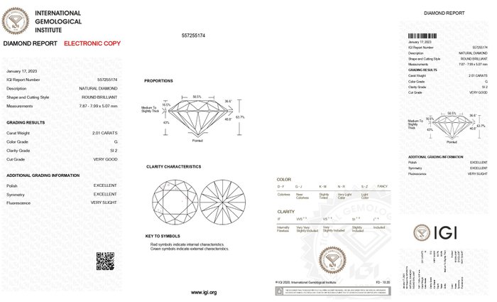 1 pcs Diamant  (Natur)  - 2.01 ct - Rund - G - SI2 - International Gemological Institute (IGI) - n126