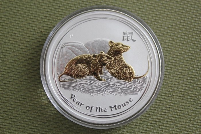 Australien. 1 Dollar 2008 Lunar Serie II "Maus" Gilded, 1 Oz (.999) with COA und BOX  (Ingen mindstepris)