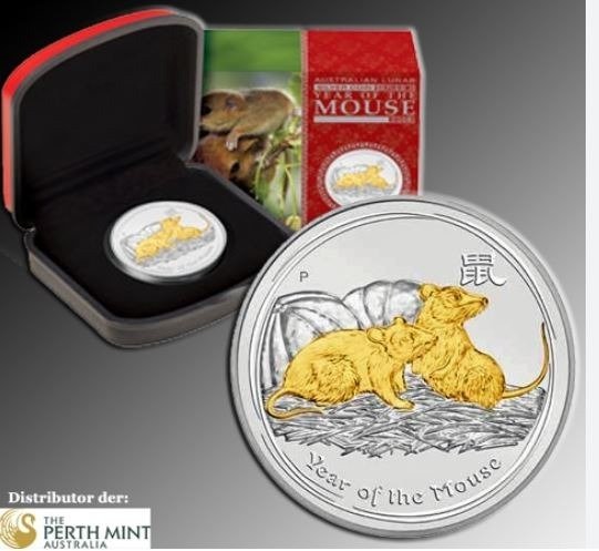 Australien. 1 Dollar 2008 Lunar Serie II "Maus" Gilded, 1 Oz (.999) with COA und BOX  (Ingen mindstepris)