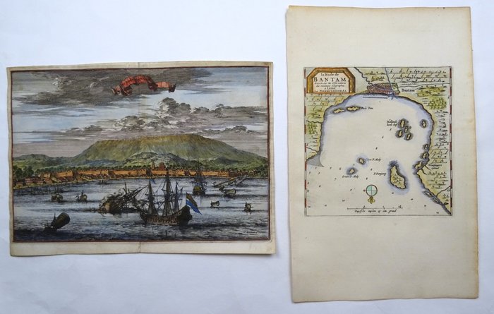 Indonesien - Java, Banten (Bantam); W. Schouten / C. Decker  P. van der Aa / Van Mandelslo - De Stadt Bantam / La Rade de Bantam [2 items] - 1661-1680