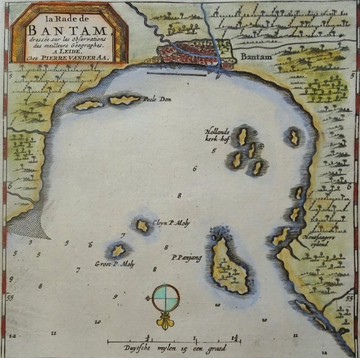 Indonesien - Java, Banten (Bantam); W. Schouten / C. Decker  P. van der Aa / Van Mandelslo - De Stadt Bantam / La Rade de Bantam [2 items] - 1661-1680