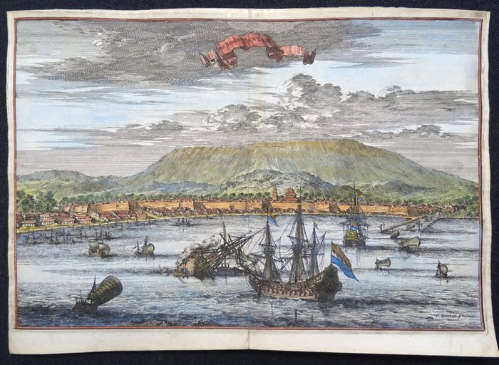 Indonesien - Java, Banten (Bantam); W. Schouten / C. Decker  P. van der Aa / Van Mandelslo - De Stadt Bantam / La Rade de Bantam [2 items] - 1661-1680