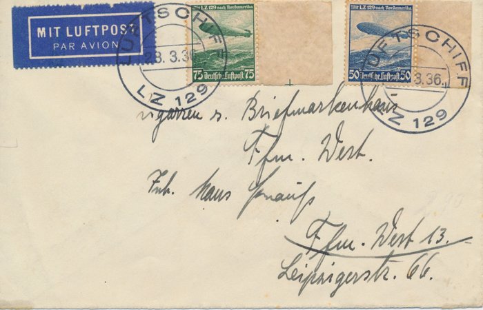 Tyske Kejserrige 1936/1938 - Zeppelin - 3 ægte breve transporteret af zeppelin, inklusive en tur til Sudeterlandet