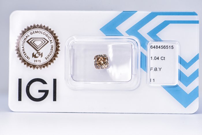 Ingen mindstepris - 1 pcs Diamant  (Naturfarvet)  - 1.04 ct - Pude - Fancy Brun Gul - I1 - International Gemological Institute (IGI)