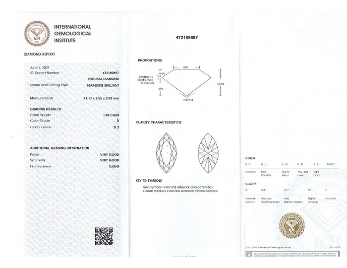 1 pcs Diamant  (Natur)  - 1.02 ct - Marquise - D (farveløs) - SI2 - International Gemological Institute (IGI) - d50