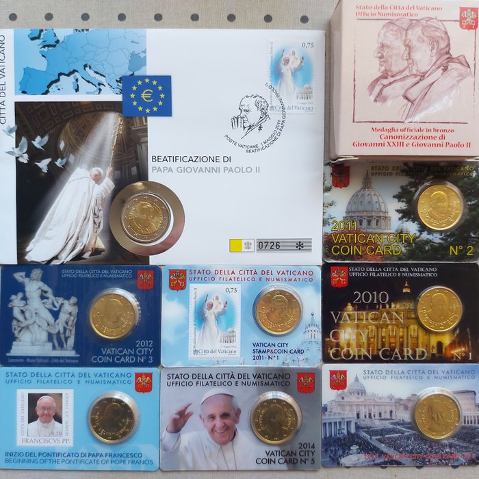 Vatikanstaten. 50 Cent / 2 Euro + Medal 2010/2015 (9 pcs)  (Ingen mindstepris)