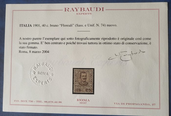 Italien Kongerige  - 1901 Blomster, n.74, 40 cent brun, godt centreret, Raybaudi certificeret