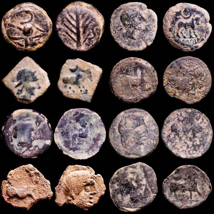 Det gamle Hispania. Lot comprising eight (8) Bronze coins minted between II to I centuries B.C. - Asses, semis, quadrans II-I B.C. - Different mints: Castulo, Obulcos, Cartaginesas.....  (Ingen mindstepris)