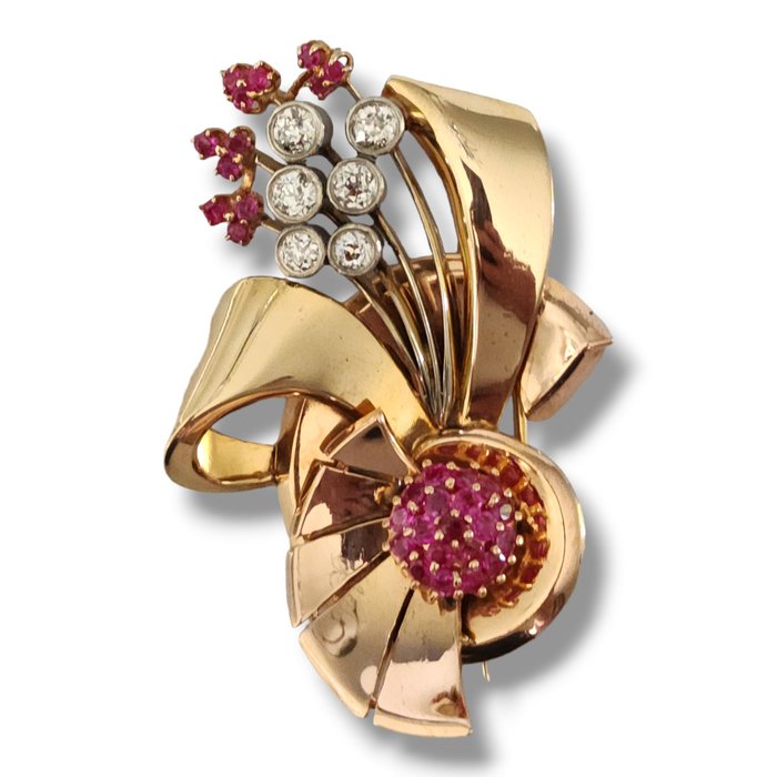 Broche - 14 karat Gulguld, Vintage 14K guld, rubiner og diamanter skulpturel 1940'er stil broche