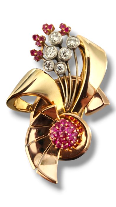 Broche - 14 karat Gulguld, Vintage 14K guld, rubiner og diamanter skulpturel 1940'er stil broche