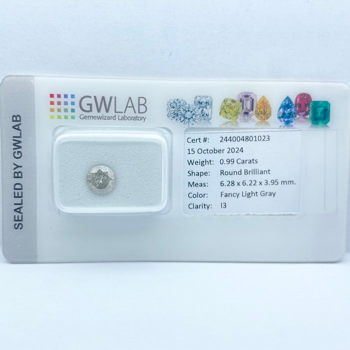 Ingen mindstepris - 1 pcs Diamant  (Naturfarvet)  - 0.99 ct - Rund - Fancy light Grå - I3 - Gemewizard Gemological Laboratory (GWLab)