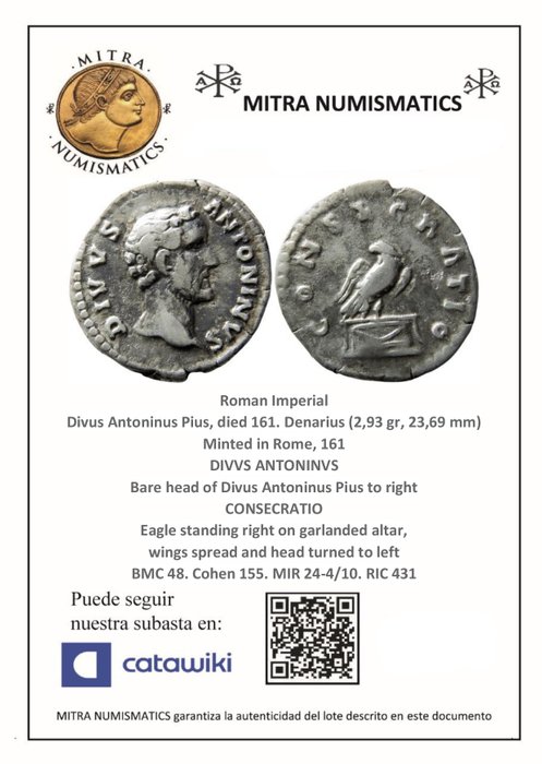 Romarriket. Antoninus Pius (138-161.. Denarius minted in Rome, 161. CONSECRATI. Eagle  (Ingen mindstepris)