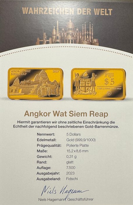 Fiji. 5 Dollars 2023 Angkor Wat Siem Reap, 1/100 Oz (.999) Proof  (Ingen mindstepris)