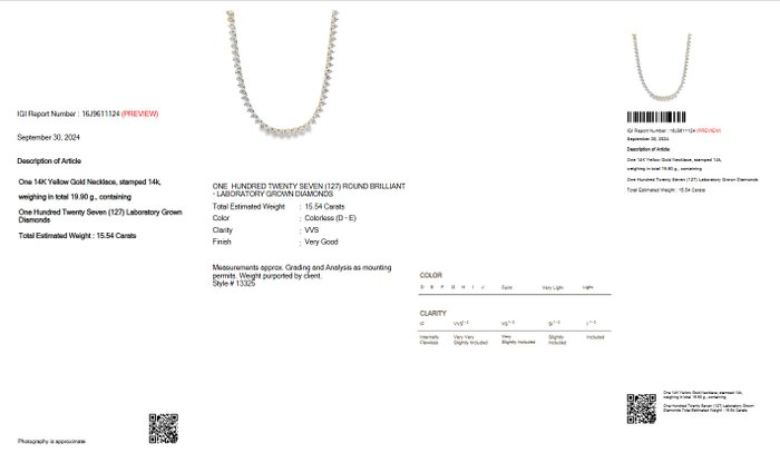 Halskæde - 14 karat Gulguld -  15.54ct. tw. Diamant (Laboratoriedyrket) - D-E VVS IGI Certificeret