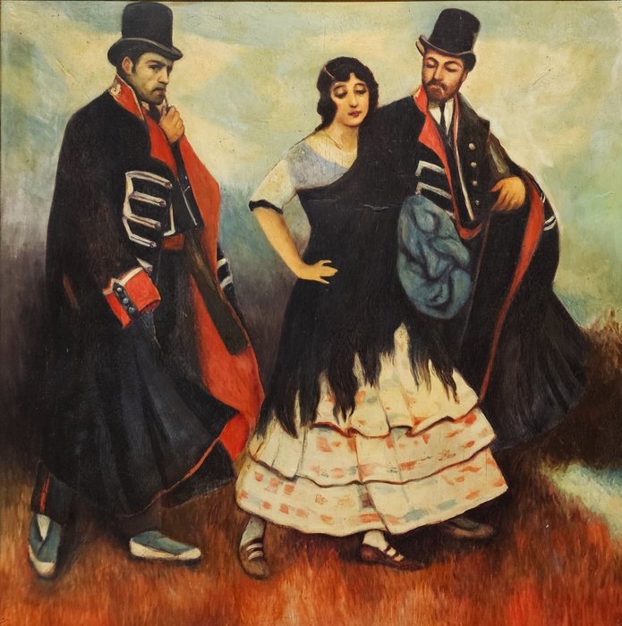 Carlos Vázquez (1869-1944), Circle of - Gitana detenida por dos Mozos de escuadra