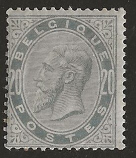 Belgien 1883 - 20c Perlegrå - Leopold II - med CERTIFIKAT - OBP/COB 39