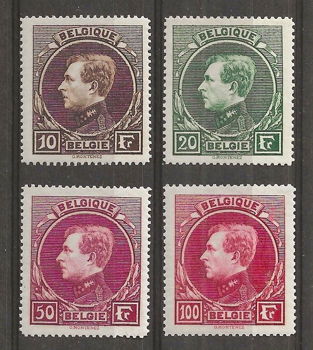 Belgien 1929 - Albert I type Montenez - 10F, 20F, 50F og 100F parisisk tryk (t14½) - OBP/COB 289/292