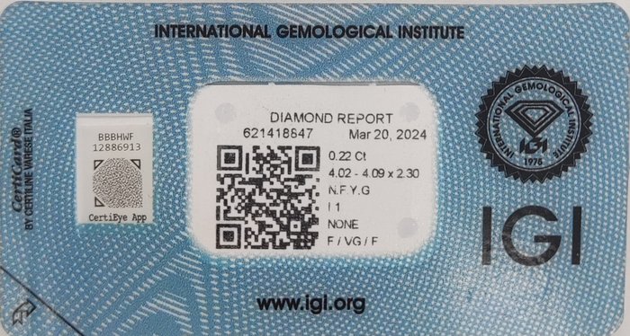 Ingen mindstepris - 1 pcs Diamant  (Naturfarvet)  - 0.22 ct - Rund - Fancy Grøn, Gullig - I1 - International Gemological Institute (IGI)