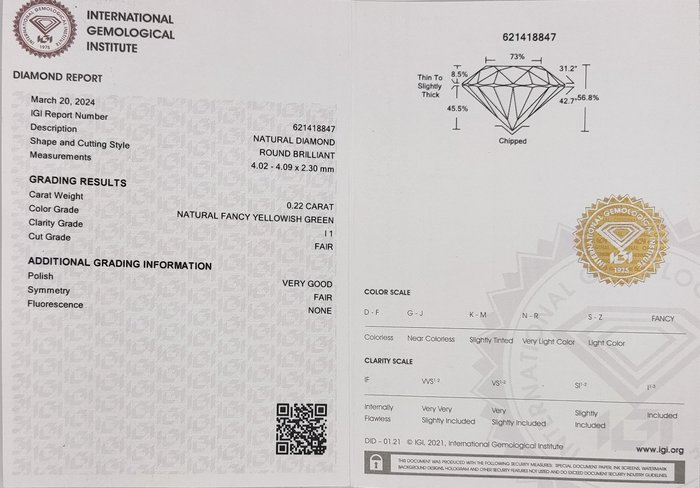 Ingen mindstepris - 1 pcs Diamant  (Naturfarvet)  - 0.22 ct - Rund - Fancy Grøn, Gullig - I1 - International Gemological Institute (IGI)