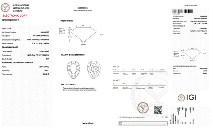 Ingen mindstepris - 1 pcs Diamant  (Naturfarvet)  - 034 ct - Pære - Fancy Gul - SI1 - International Gemological Institute (IGI)