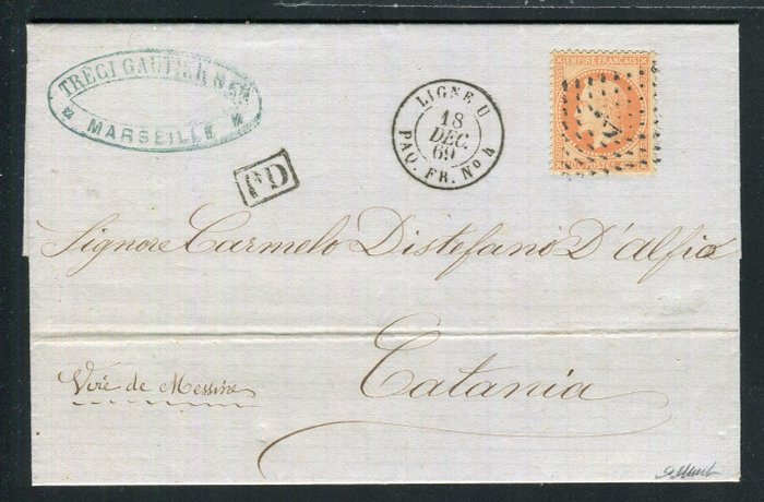 Frankrig 1869 - Superbe  Rare lettre de Marseille pour Catania ( 1869 ) med nr. 31 - Cachet Ancre - Ligne U