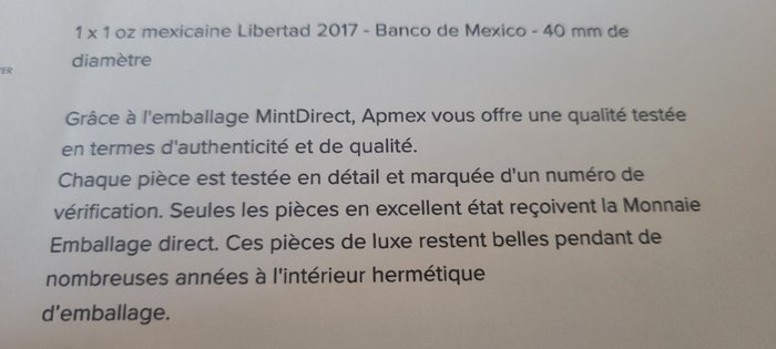 Mexico. 1 Onza 2017  Libertad - emballage MintDirect  1 Oz (.999)  (Ingen mindstepris)